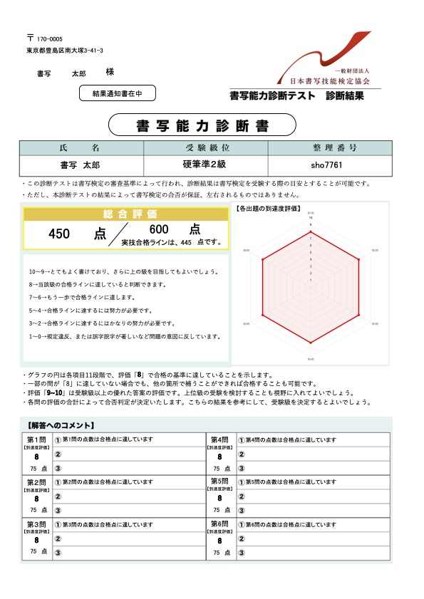 書写能力診断テスト　硬筆準２級
