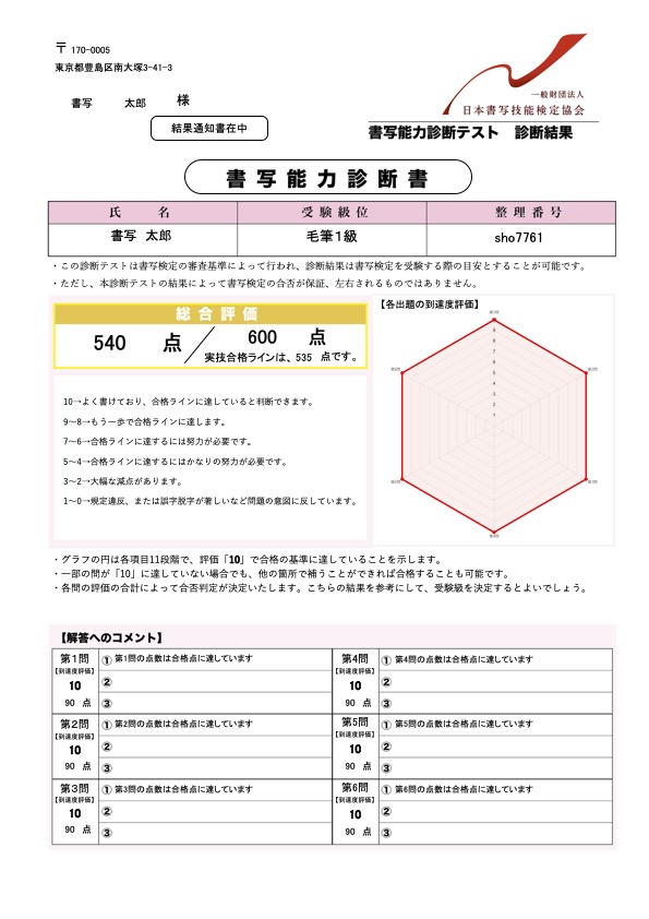書写能力診断テスト　毛筆１級