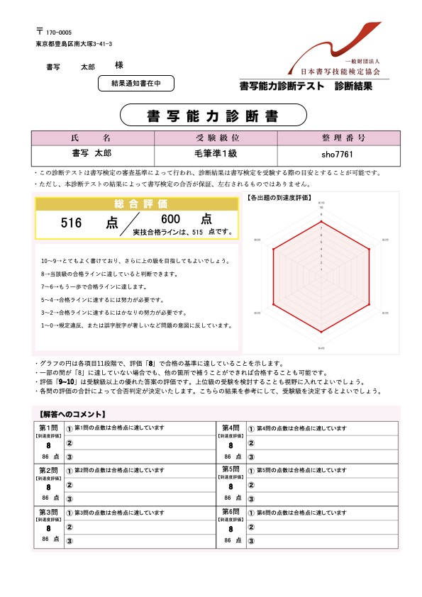 書写能力診断テスト　毛筆準１級